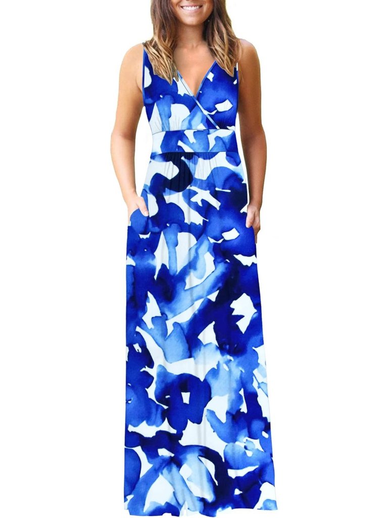Women's Ink Blue Sleeveless Formal Deep V Neck Loose Cocktail Long Maxi Dress